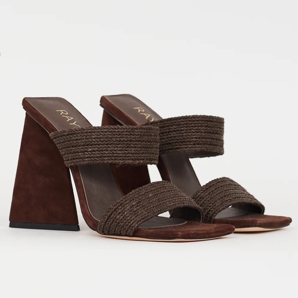 Raye Lula Brown Suede Jute Double Strap Square Toe Pyramid Heel Sandals NWOB - Picture 2 of 8
